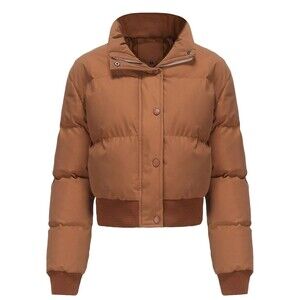 Womens Cropped Puffer Jacket Winter Long Sleeve Full Zip. Brown - Size S